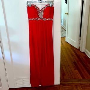 Red, strapless special occasion dress. Size 10